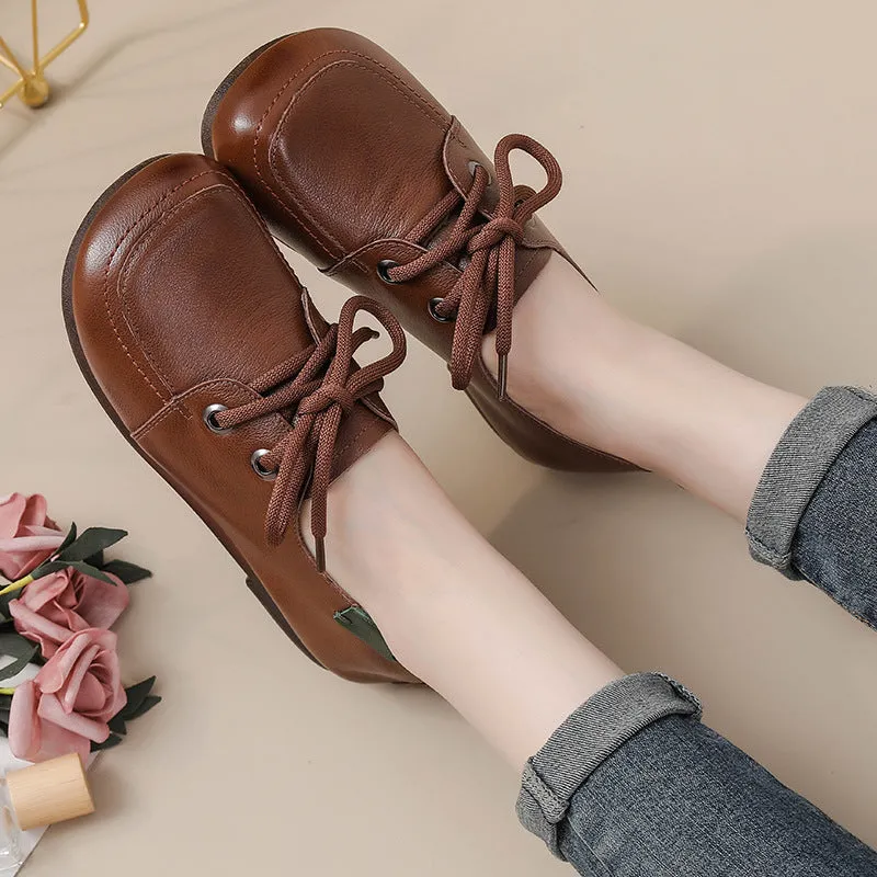 Women's Leather Flats Lace Up Casual Shoes