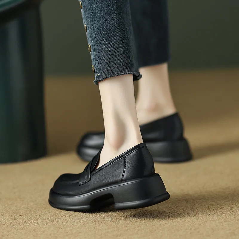 Womens Platform Leather Round Toe Block Heels Loafers Shoes